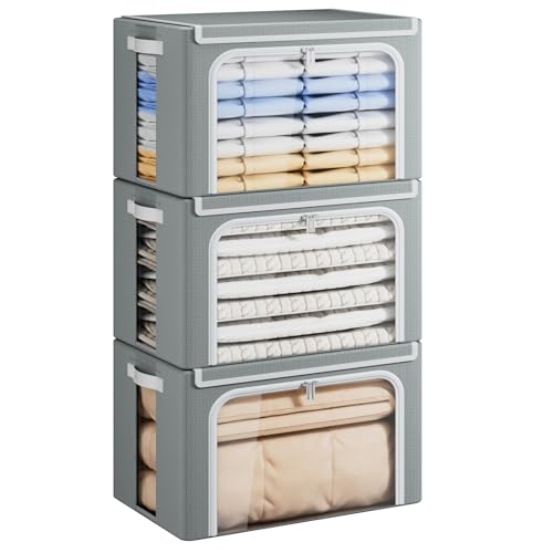 Yecaye Large Clothes Storage Bins with Metal Frame, Foldable Clothing Storage Bin with Lid, Stackable Oxford Fabric Organizer Box With Clear Window & Zippers & PU Leather Handles (3 Pack, Grey, 66L) - color: Grey, size: 66L Large(3 Pack)