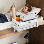 2 Tier Bedside Shelf for Dorm Bunk Bed, Under Mattress Bedside Shelf Clip On Nightstand with Fabric Drawer, Bed Side Table Tray Organizer, Bedside Tray with Cable Management, Back to School (white) - color: White
