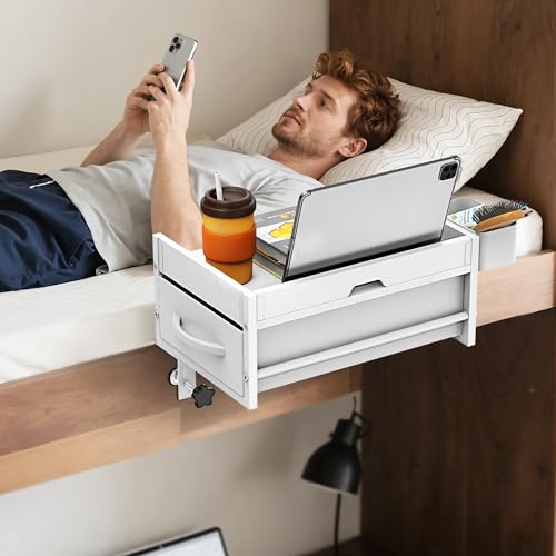 2 Tier Bedside Shelf for Dorm Bunk Bed, Under Mattress Bedside Shelf Clip On Nightstand with Fabric Drawer, Bed Side Table Tray Organizer, Bedside Tray with Cable Management, Back to School (white) - color: White