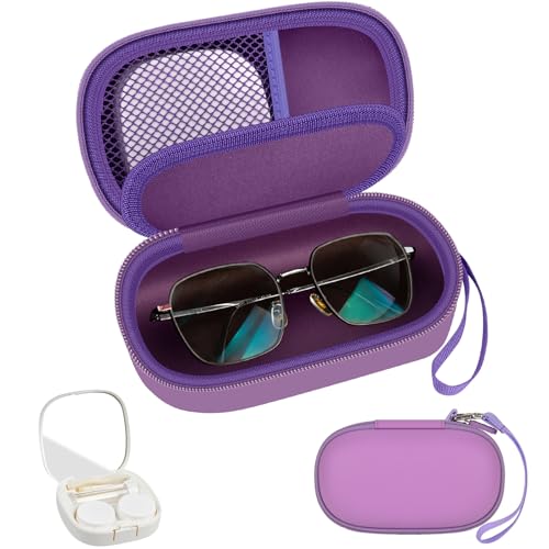 Portable 2 in 1 Contact Lens Case and Glasses Case, Traveling Contact Cases Bag Box Holder with Soak Storage Kit Included Built-in Mirror, Tweezer, Contact Lens Solution Bottle and Hand Strap-Purple - color: Purple
