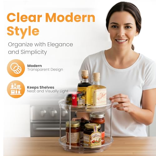 Clear Two Tier Lazy Susan Organizer - 2-Pack Rotating Spice Rack Turntable for Kitchen Cabinet, Countertop, Bathroom or Dining Table - Spinning Carousel Racks for Counter and Pantry Cabinet Storage - size: 2-Pack