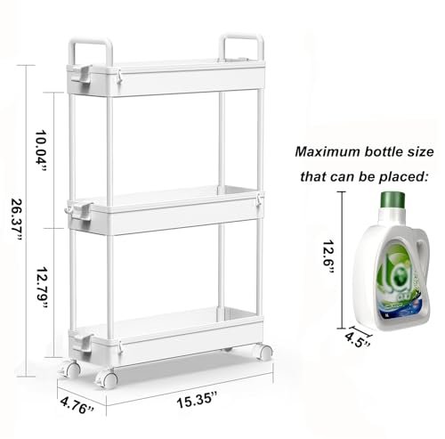 SOLEJAZZ Slim Rolling Storage Cart with Wheels 3 Tier Skinny Bathroom Storage Organizer Thin Laundry Room Utility Cart Space-Saving for Bedside Kitchen Office Small Narrow Places, White - color: White, size: 3-Tier, 4.76"D