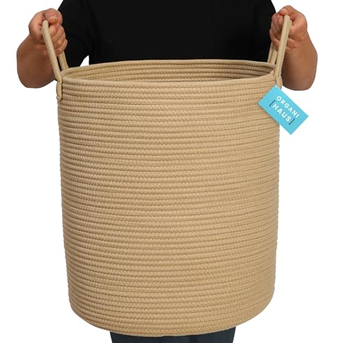 OrganiHaus Large Woven Laundry Basket w/Handles 52L, Rope Dirty Clothes Hamper, Blanket Basket for Living Room, Baby Laundry Hamper for Nursery, Soft & Durable Decorative Organizer Bin - Honey - color: Full Honey, size: Tall