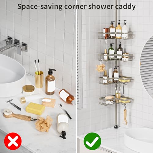 KEGII Shower Caddy Tension Pole, 4-Tier Rustproof Adjustable Corner Bathroom Organizer for Renters, 25–114.2 Inch No Drill Space-Saving Shower Storage Rack, Silver Gray - style: Tension Caddy（Silver Gray）