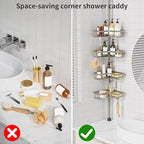 KEGII Shower Caddy Tension Pole, 4-Tier Rustproof Adjustable Corner Bathroom Organizer for Renters, 25–114.2 Inch No Drill Space-Saving Shower Storage Rack, Silver Gray - style: Tension Caddy（Silver Gray）