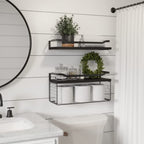 WOPITUES Floating Shelves with Wire Storage Basket, Bathroom Shelves Over Toilet with Protective Metal Guardrail, Wood Wall Shelves for Bathroom, Bedroom, Living Room, Toilet Paper-Black - color: Black