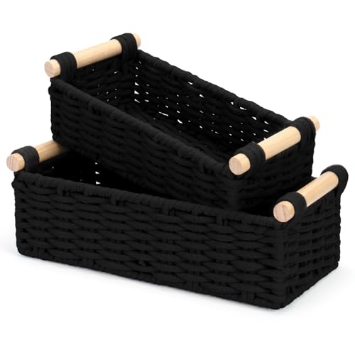 Boho Cotton Rope Storage Baskets Set of 2, Woven Wicker Organizer Bins with Wooden Handles, Small Decorative Boxes for Organizing, Toilet Paper Baskets for Bathroom Countertop, Shelves (Black 2 Pack) - color: Black 2 Pack