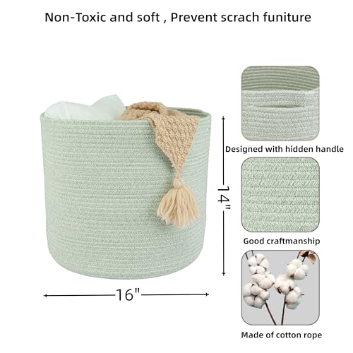 XUANGUO Cotton Rope Baskets For Girls Boys Kids 16”X14” Baby Laundry Basket Nursery Bin Round Woven Basket Organizer For Storage Toys Blankets Shoes Clothes light green - color: light green