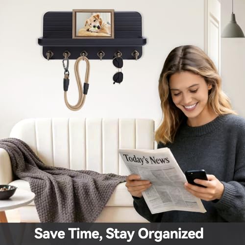Key Holder for Wall, Mail Organizer Wall Mount with 6 Hooks Wooden Hanging Key Rack for Home Decor, Hallway, Entryway (Black) - color: Black