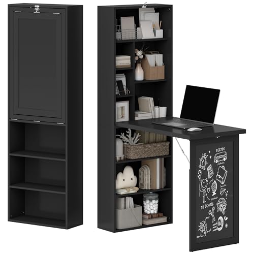 Foldable Wall Mounted Desk with Storage Shelves, Fold Out Convertible Computer Table with Blackboard, Folding Writing Table Workstation for Small Spaces,Home Office (Black) - color: Black