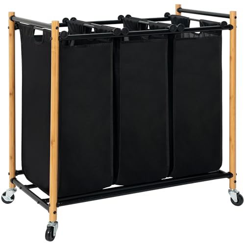 STORAGE MANIAC Laundry Sorter, Laundry Hamper with Wheels, Laundry Basket Sorter, Laundry Separator Hamper, Laundry Divider Hamper (Bamboo, 3 Section)