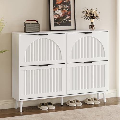 BORNOON Shoe Cabinet for Entryway with 4 Flip Drawers, Slim Wooden Shoe Storage Organizer with Modern Fluted Pannel，Freestanding Narrow Hidden Shoe Rack for Hallway, Foyer, Living Room - color: White, size: 4 Flip Drawers