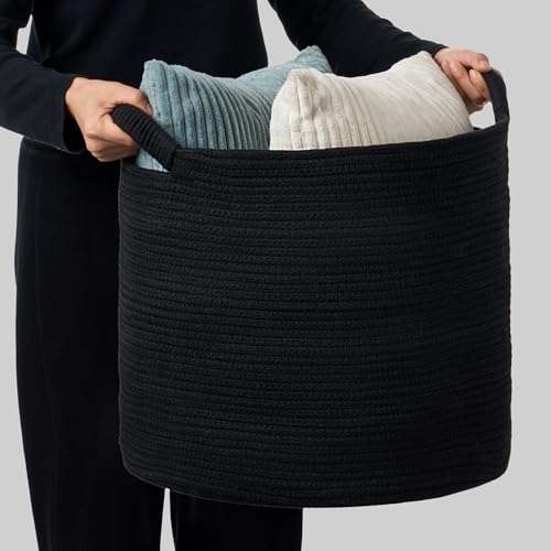Blanket Basket - Woven Round Rope Storage Basket (16"Wx14"H) for Blankets & Throws, Small Laundry & Toy Organizer, Decorative Living Room & Bedroom Cotton Basket - Black - color: Black, size: Regular-16"Wx14"H