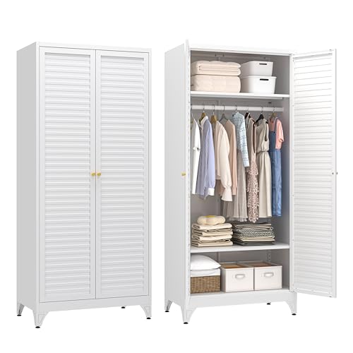 UNICOLY Metal Wardrobe Closet, 71'' Wardrobe Cabinet with Hanging Rod, Armoire Wardrobe Closet with 2 Louver Doors, Adjustable Shelves, for Bedroom, Cloak Room, School, Gym, Government, White - color: White, size: 71 Inch Louvered Doors with 0 Drawers