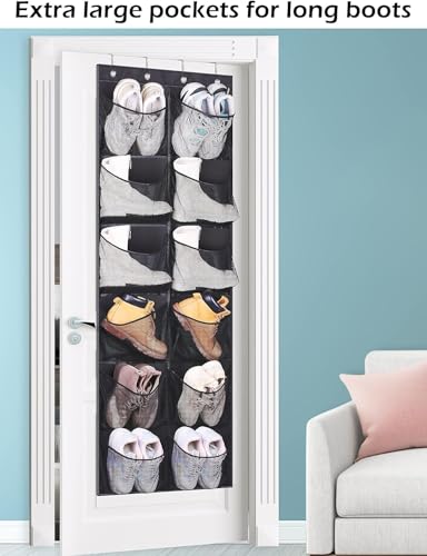 KIMBORA Boots Hanging Shoe Organizer for Closet 12 Extra Large Mesh Pockets Over The Door Shoe Rack for Men Shoes Size 16, Black - color: black