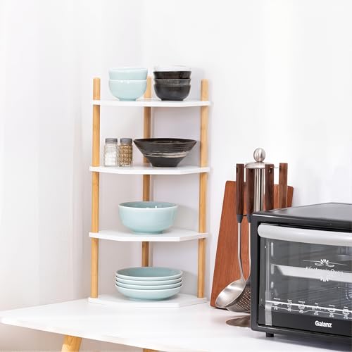 4-Tier Expandable Bamboo Corner Shelf - Dish/Plate Organizer for Cabinet, Kitchen Counter Shelf & Small Kitchen Shelf, Adjustable (White, 1-Pc 4-Tier) - color: 6.7"H-White-4