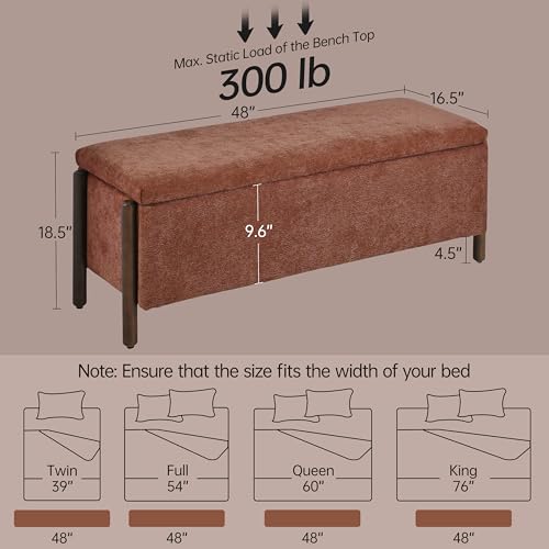 Usaint Wooden Storage Ottoman Bench, 47" Fabric Upholstered End of Storage Bench with Rubberwood Legs, Entryway Bench with Storage for Bedroom, Living Room, Reception, Cloakroom, Rusty Red - color: Rusty Red