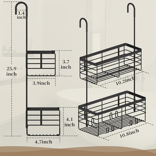 DELLAN 2-Tier Shower Hanging Caddy, Shower Rack with Hooks Over the Door, Stainless Steel Hanging Orangizer and Basket (Black) - color: Black, size: 2-Tier 11"D x 4.7"W x 4.1"H