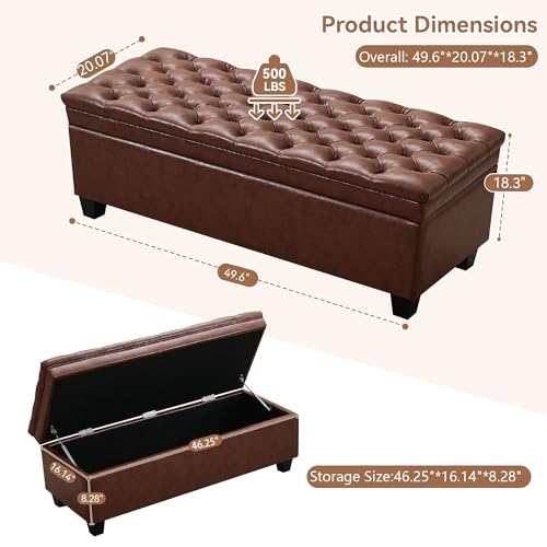WUTUTUEE 50" Faux Leather Storage Ottoman Bench, Upholstered Rectangle End of Bed Storage Ottoman Tufted Living Room Bedroom Bench with Safety Hinge, Solid Wood Legs, Loads 500 lb(Brown) - color: Brown-pu