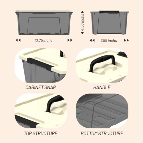 9-pack clear small plastic storage bins with khaki safety lids and black latch locks, durable stackable nestable organization containers, 6 quarts - color: Khaki