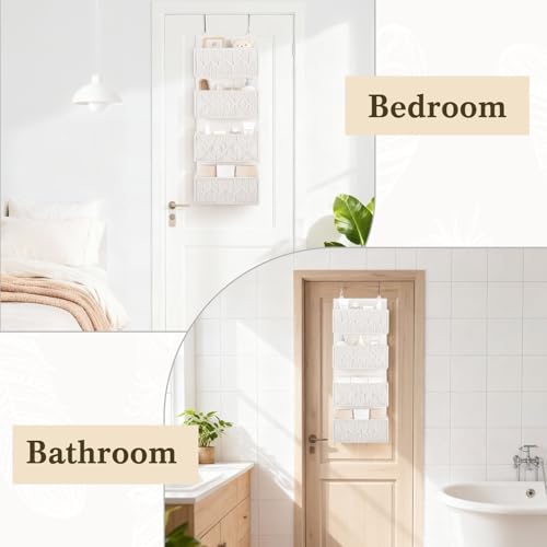Dahey Over the Door Organizer Macrame Boho Nursery Storage Decor with 4 Large Woven Pockets Closet Hanging Organizer for Bedroom Nursery Bathroom Apartments Dorm Pantry Decoration, White
