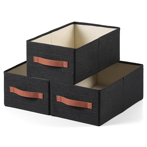 linen closet organizers and storage, 3 Pack Large Storage Baskets, Washable, Clothing Storage Bins with Handle, Closet Organizer for Storage Sweater,Sheets (Black, 16"x9½"x6¾") - color: Black, size: 16"x9½"x6¾"