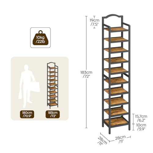 YATINEY 10-Tier Tall Shoe Rack, Vertical Shoe Organizer for Small Spaces, Wooden Shoe Shelf for Entryway, Space Saving Shoe Storage, Holds 10 Pairs of Shoes, Rustic Brown and Black SS50BR - color: Rustic Brown + Black, size: 11" x 11" x 72"