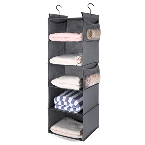 MAX Houser 5 Shelf Hanging Closet Organizer, Space Saver, Cloth Hanging Shelves with 4 Side Pockets, Foldable, Grey - color: Grey-6