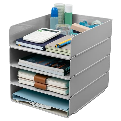 Tiawudi Desk Organizer, Office Organization and Storage, Plastic Letter Tray, Stackable File Organizer for Classroom, Home, Documents, Notes, Folders, Books and Pens, 4 Tier - color: Gray