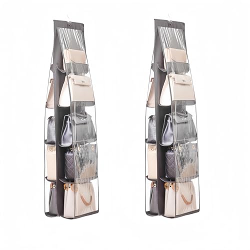 HAN SHENG 10 Pockets Clear Handbag & Purse Organizer Hanging Bag Storage - Space Saving Hanging Shelf for Closet, Wardrobe, Over Door (2 Pack, Grey) - color: Grey, size: 10 Pockets-2pcs