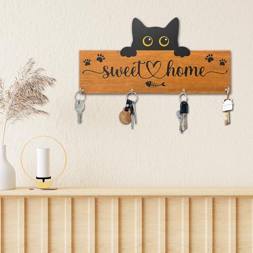 Cat Sweet Home Wooden Key Holder for Wall - 5"x10" Key Organizer Hanger with 4 Hooks for Front Door Hallway Entryway Kitchen - Home Office Decor & Housewarming Gifts Supplies - A07 - color: Cat Sweet Home
