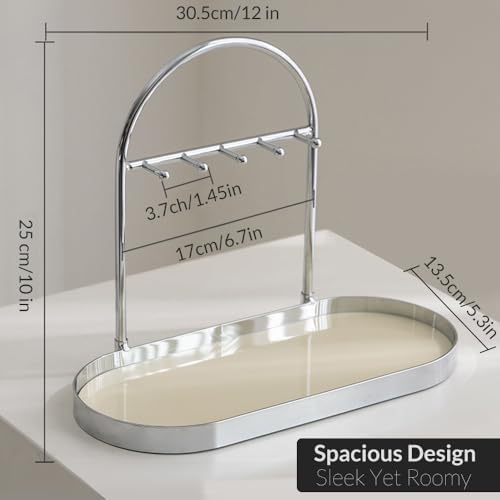 Shinpuru Metal Jewelry Organizer Stand & Key Holder Tray with Acrylic Base, Key Stand and Jewelry Tray with 5 Hooks, Perfect Key Bowl, Valet Key Tray, Ring Holder, Jewelry Dish (Silver Creamy) - color: Silver Creamy