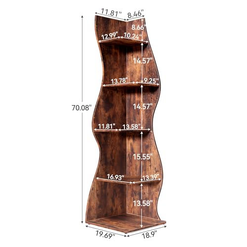 LITTLE TREE 70-Inch Corner Shelf, Seaweed Shaped Etagere Display Bookshelf, Freestanding 5-Tier Wall Shelves for Small Spaces, Living Room, Bedroom, Rustic, 2 Pack - color: Rustic, size: 2 Pack
