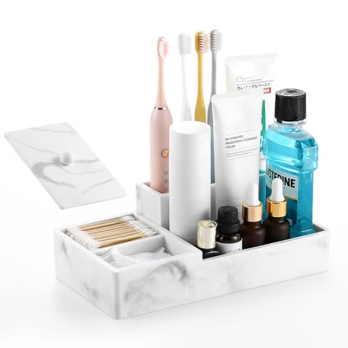 Luxspire Bathroom Counter Organizer, Marble Toothbrush Holder for Bathroom 6 Slot, Bathroom Vanity Organizer with Lid, Bathroom Organizer Countertop for Cotton Ball, Q-Tips, Floss, Gravel White - color: Gravel White, size: 6 slots