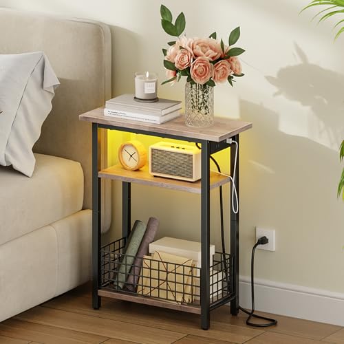 HOOBRO Narrow Side Table with Charging Station and LED Light, Small End Table with Storage, Skinny Nightstand with USB Port, Slim Bedside Table for Small Spaces, Living Room, Greige BG242UDBZ01 - color: Greige + Black