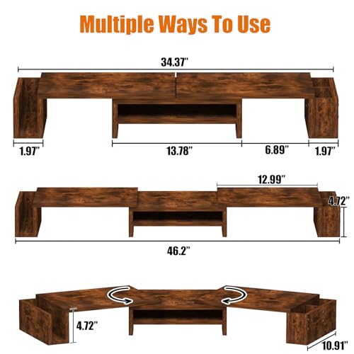Wood Dual Monitor Stand Riser, Desk Organizers and Accessories with Storage Pen Holders, Adjustable Length and Angle 3 Shelf Extra Long 46" Desktop Organizer for 2 Monitors, Computer, Laptop, TV,Rustic Brown (Triple) - size: Triple