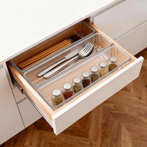 Ohlove 6 Pcs Large Clear Plastic Drawer Organizers Tray 12"x3" Storage Bins with 25 Pcs Non-Slip Pads for Makeup, Jewelries, Kitchen Utensils, Bathroom and Office - size: 12"x3"