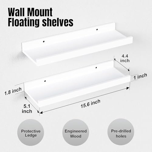 RICHER HOUSE 5 Set White Floating Shelves, Wall Mounted Shelves for Wall Decor, Modern Picture Ledge Shelf with Lip for Storage Nursery, Bedroom, Living Room, Bathroom - White - color: White, size: 5pcs*15.75in