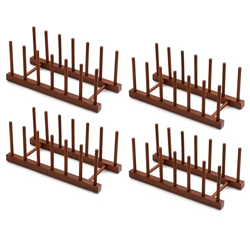 HBlife 4pcs 6 Slots Teak Dish Plate Bowl Cup Book Pot Lid Cutting Board Drying Rack Stand Drainer Storage Holder Organizer Kitchen Cabinet（Keep Dry） - color: Teak 6 Slots 4pcs