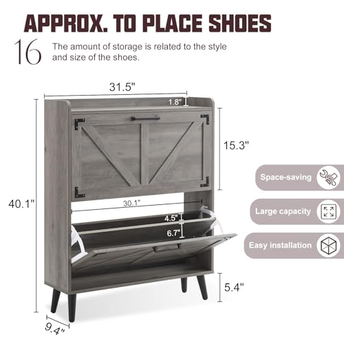 Barnyatoh Shoe Storage Cabinet with 2 Flip Drawers, Farmhouse Hidden Shoe Organizer, Narrow Slim Shoe Rack Cabinet for Entryway Hallway,Washed Gray - color: Washed Gray