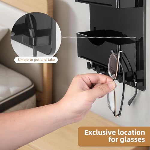Bedside Wall Shelf with Glasses Hooks ，Adhesive Bedside Organizer Wall Mount for Dorm and Room Accessories Phone，Remote，Earphone， Kindle (Black) - color: Black