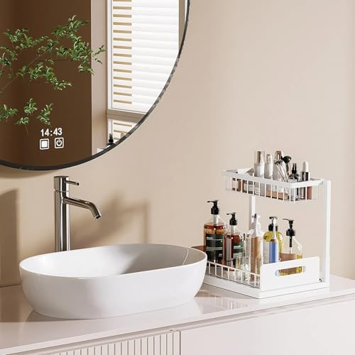 VUSIGN 2 Pack Under Sink Organizer and Storage, 2 Tier Under Cabinet Organizer for Bathroom Kitchen with Pull Out Storage Shelf Drawer, White - color: White, size: 2 Pack
