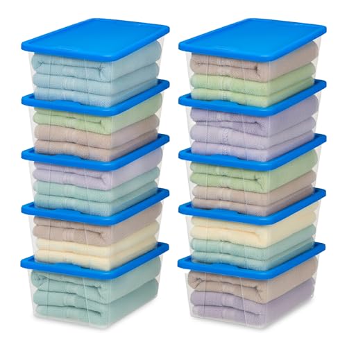 HOMZ 10-Pack Snaplock, Small Clear Plastic Storage Organizer Bins w/Lids, 6 Quart, Blue - Stackable Container Boxes for Bedroom, Bathroom, Garage, and Office Organization - color: Blue Lid, size: 6 QT (10 Pack)