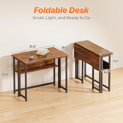 Huuger Folding Desk with Storage Shelf, 31.5 Inch Foldable Computer Table for Small Spaces, Space Saving Sofa Table for Couch, Writing Work Office Computer Desk, Easy to Fold, Rustic Brown - color: Rustic Brown, size: 18.5"D x 31.5"W