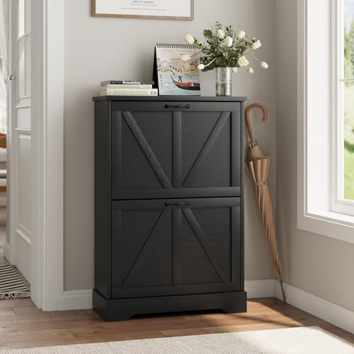 Smart FENDEE Shoe Cabinet, Shoe Storage Cabinet for Entryway with 2 Flip Drawers, Narrow Farmhouse Shoe Organizer Cabinet, Slim Shoe Rack Cabinet, 23.6in Black - color: Black, size: Width - 23.6 inches