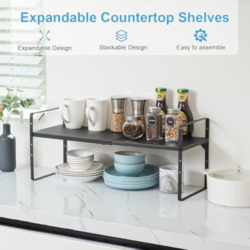 15.5 to 25.5 Inch Kitchen Cabinet Shelf Organizers, Adjustable Kitchen Counter Shelf Organizer, Set of 4 Expandable Countertop Storage Shelves, Stackable Design, 30LBS Heavy Duty, Space Saver - color: Black
