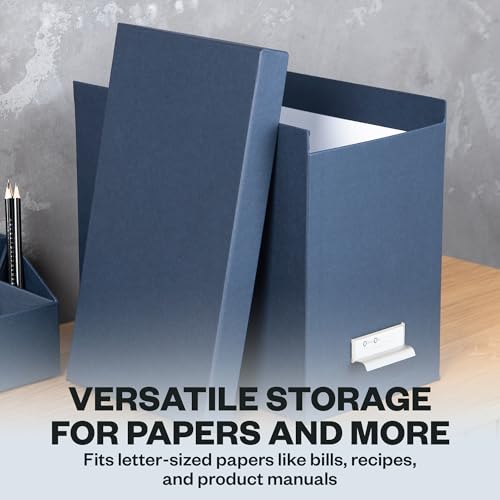 Bigso John Fiberboard Label Frame Desktop File Storage Box - Document Organizer for Important Paperwork - Durable Hanging File Box with a Lid & Metal Label Window - 7.36 x 13.38 x 10.51 in - Blue - color: Navy Blue