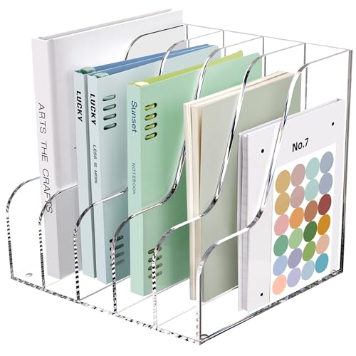 SANRUI Acrylic Desk Organizers, Clear Magazine File Holder, 5 Vertical Compartments A4 Folder Binder Holders Sorter, Office Desktop Workspace Organization Storage Rack for Office Home School - style: A4 5-Sections File Holder