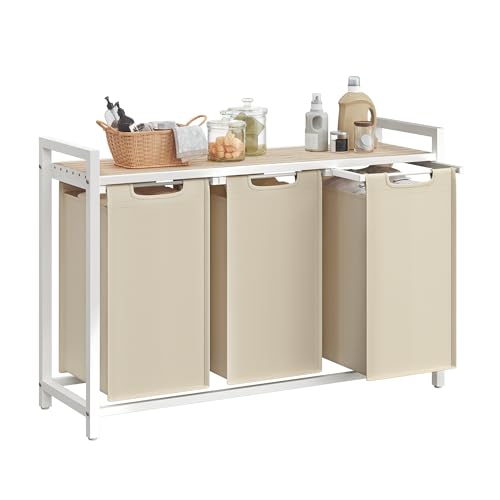 VASAGLE Laundry Hamper, Laundry Basket Sorter with 3 Pull-Out and Removable Bags, Shelf, Metal Frame, 3 x 10.6 Gallons (40 L), 36.4 x 13 x 28.4 Inches, Cappuccino Beige and Natural Beige UBLH301LH01 - color: Cappuccino Beige + Natural Beige, size: 3 Bags