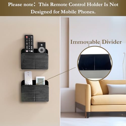 LINFIDITE 2 Pack Adhesive TV Remote Control Holder Wall Mount TV Remote Holder For Bedside Wall Remote Control Caddy Storage Organizer Stand Box （For 2 Or 4 Remote Controls – Black） - color: Gloss Black, size: 2 Pcs Fxed Dividers